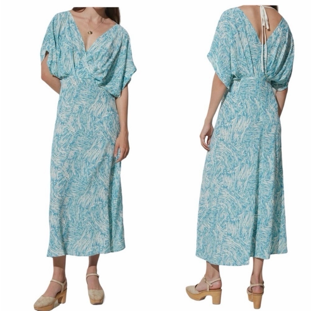 NWOT Rachel Comey Silk Double V-Neck Isarco Dress in Aqua Strokes Size 6